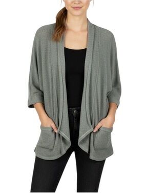 Dana Buchman Classic 3/4 Sleeves Open Front Ribbed Knit Cardigan Large Grey
